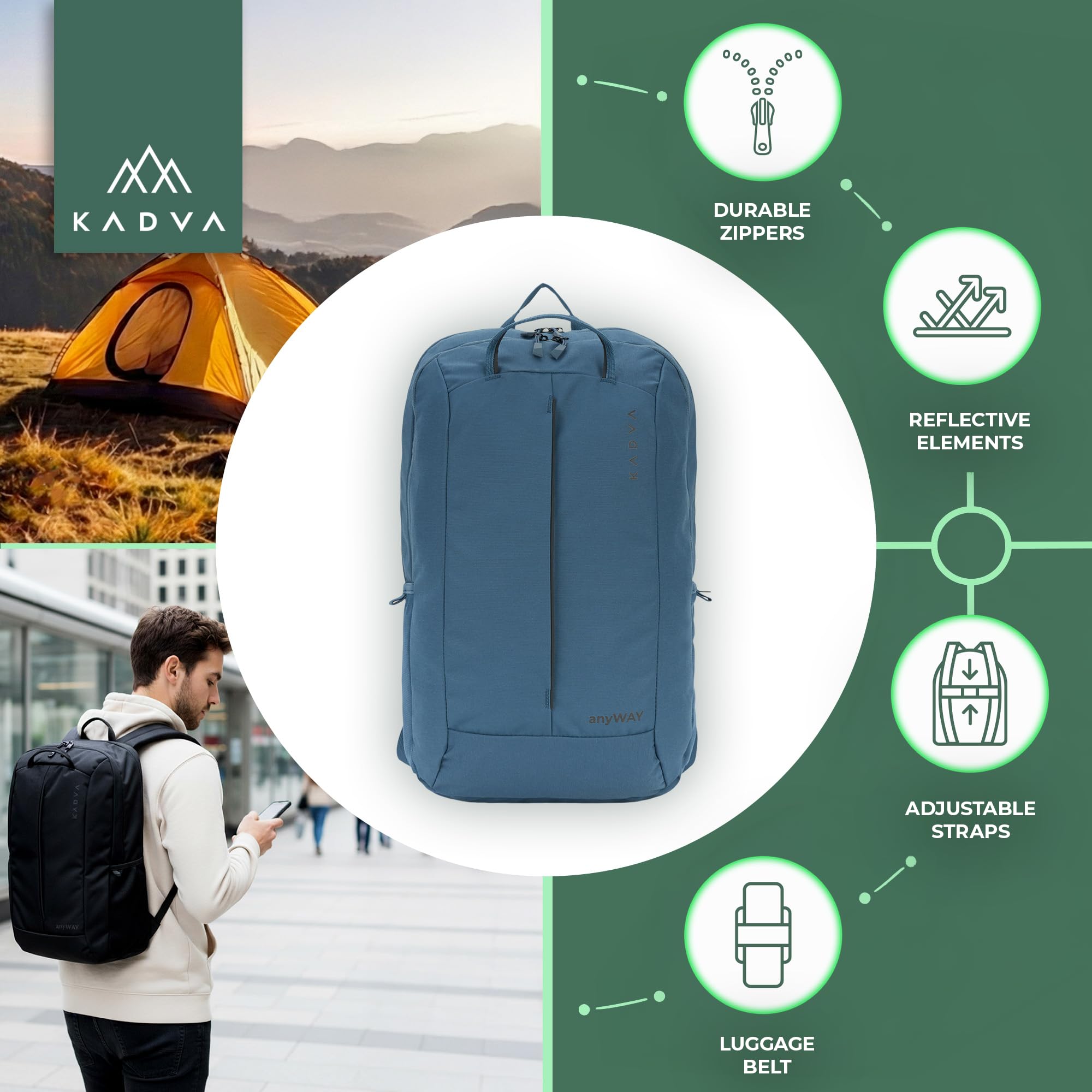 KADVA anyWAY 25 l - hybrydowy plecak miejski/krótki wypad - 25 × 40 × 15 cm - 2 uchwyty (poziomo/pionowe), 2 kieszenie + kieszeń przednia, organizer, laptop 16", pas piersiowy, odblaskowy | Poliester, regulowane dopasowanie