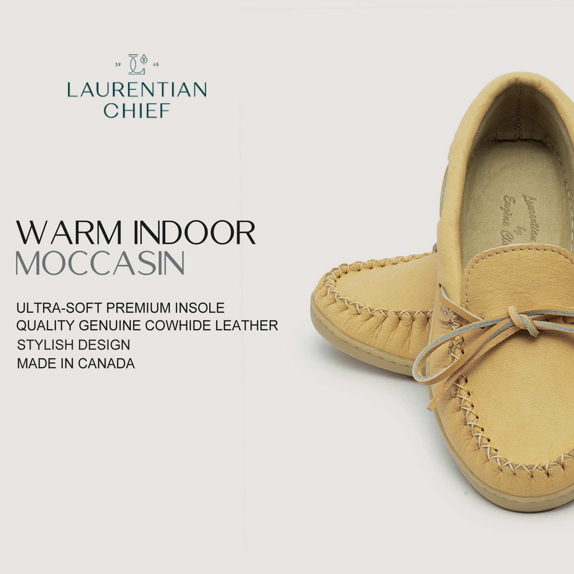 Laurentian Chief Moccasins with 8-Hole Collar for Ladies – Stylish and Comfortable House Slippers with Natural Rubber Sole – Leather Indoor and Outdoor Slippers