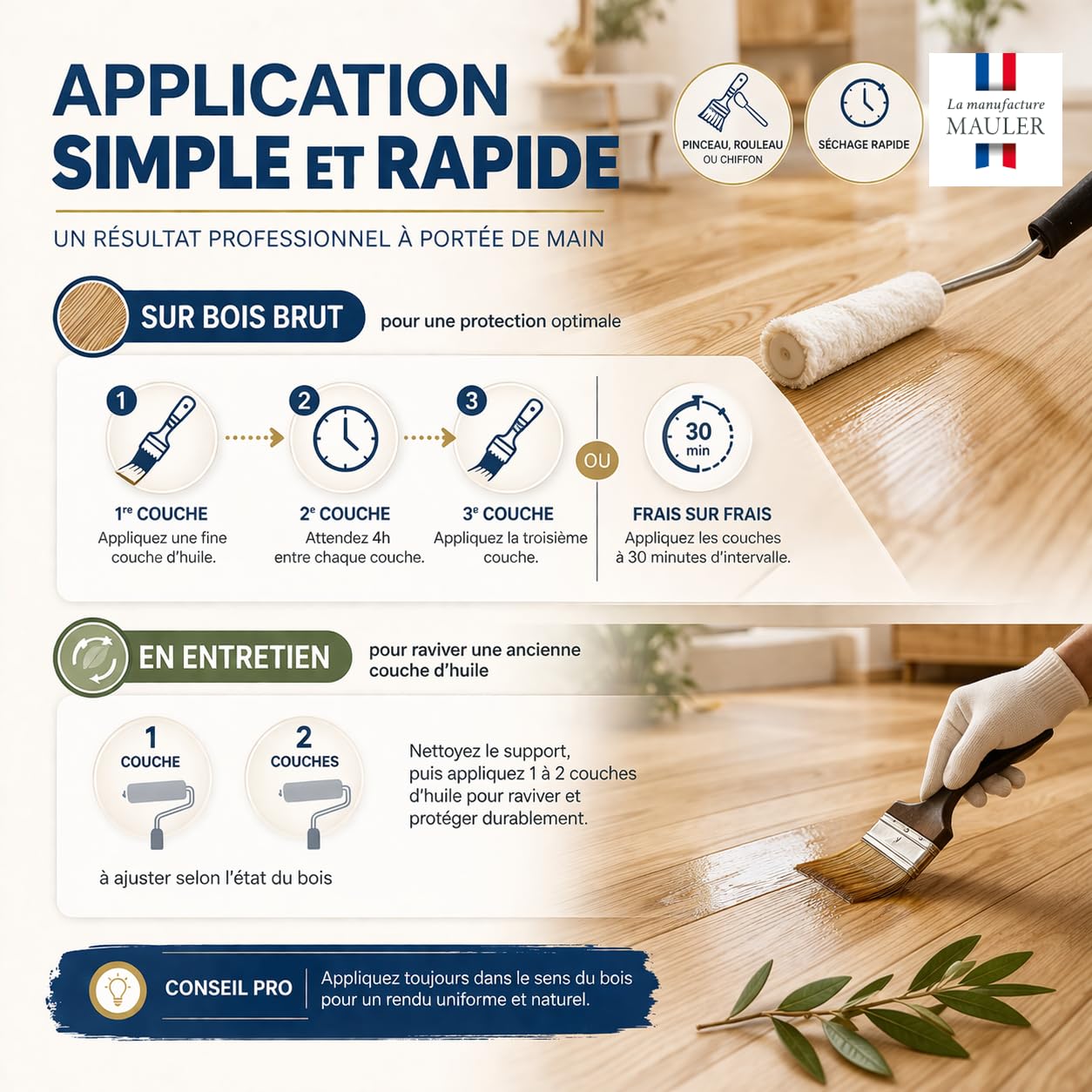 Huile Parquet et Meuble Bois Nude Invisible - 1L Incolore Ultra Mat - Protection rayure, tache, usure - MAULER Professionnel