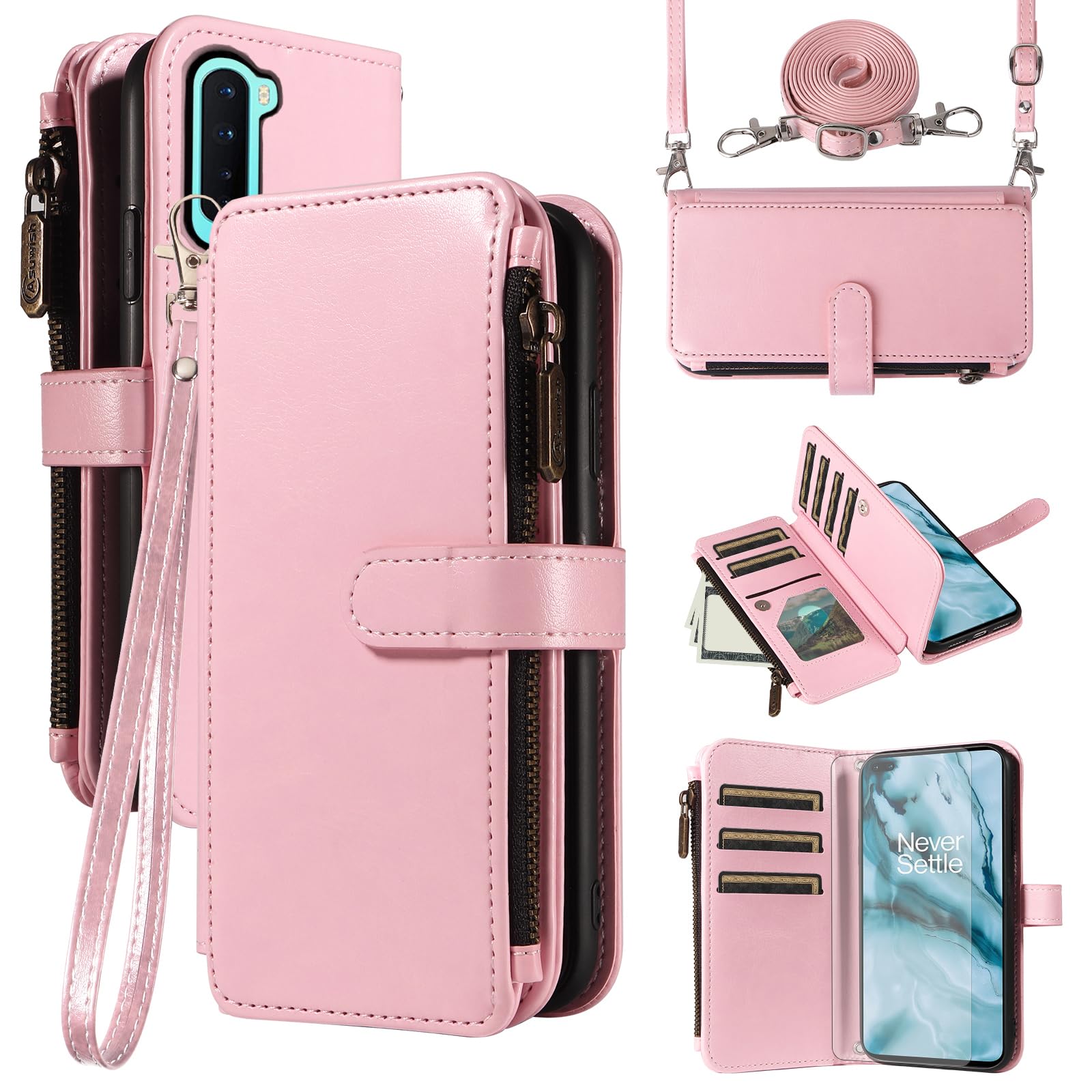 Asuwish Handyhülle für OnePlus Nord 2 5G Hülle mit Band Folie Schutzfolie Kartenfach Klappbar Leder Geldbörse Ständer Nord2 DN2103 Handy Hüllen Schutzhülle Phone Reißverschluss Handyhüllen Case Rosa