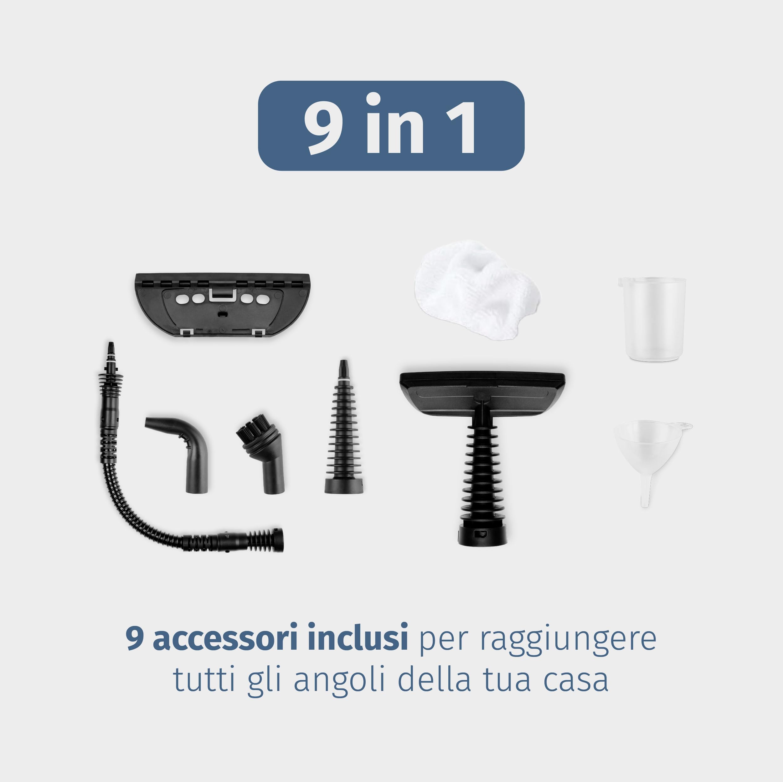 Di4 Vaporix Pulitore a Vapore Manuale 1350W, Vapore Continuo 32 g/min, Riscaldamento 30s, 16 min di Vapore, Serbatoio 550 ml, Pulitore a Vapore Multifunzione 9 Accessori, Tubo 3 m