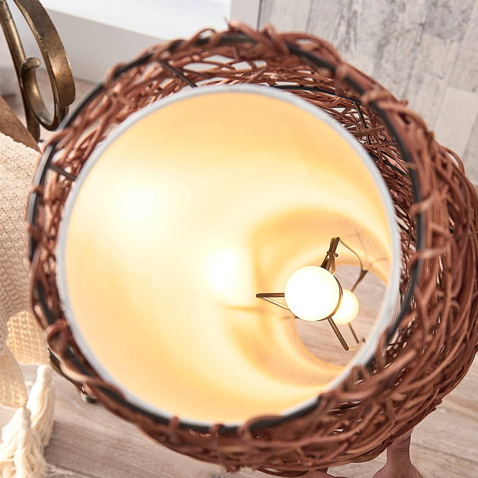 Lindby Rattan Stehlampe, Stehleuchte Höhe 111 cm mit Fußschalter Standleuchte 2 flammig Stoffschirm E14 Fassung max. 40W ohne Leuchtmittel