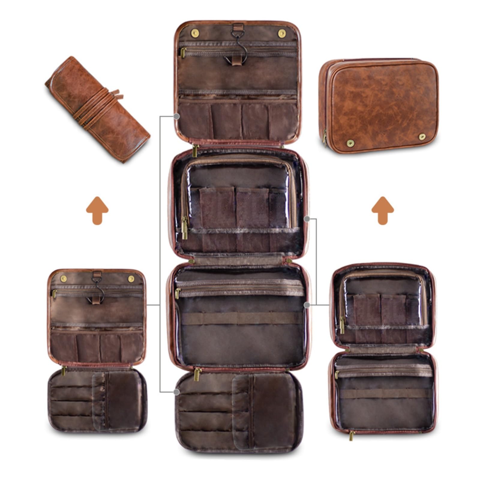 Borsa da Toilette da Appendere Borsa da viaggio in pelle PU da uomo, grande capacità, impermeabile, for cosmetici(Reddish brown)