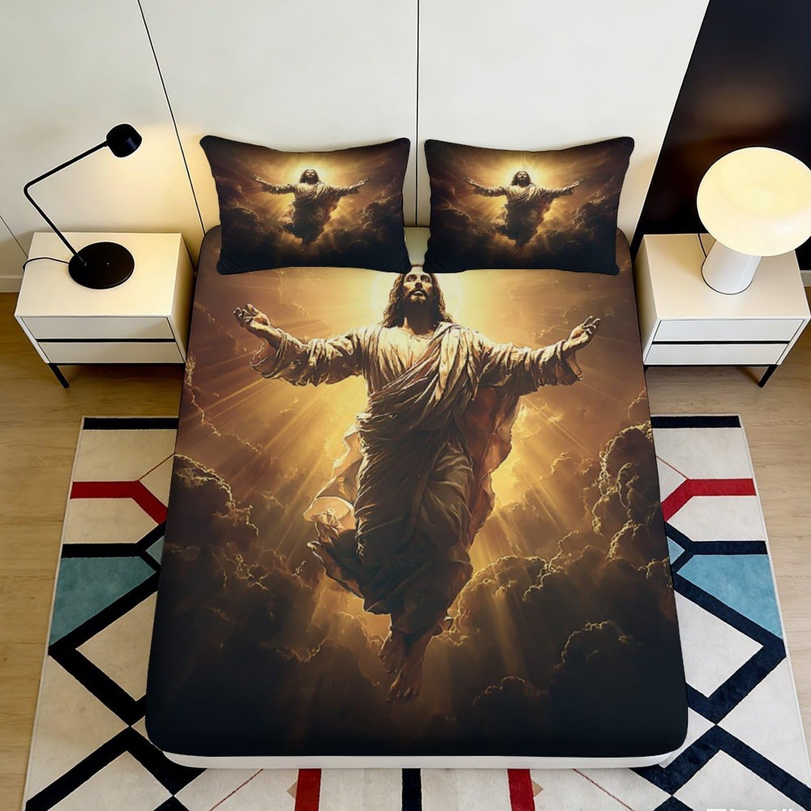 3D Printed Ascending Jesus Fitted Sheet Microfiber Soft Breathable Divine Light Bed Cover for Bedroom Dorm Dormitory Guest Room Mattress Protection 140x200x25cm