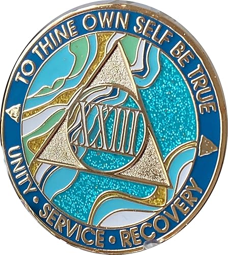 Miniatura 3 de 23 años AA Medallón Elegante Mármol Caribe Aqua Glitter Gold Sobriety Chip