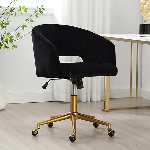ABET Silla de escritorio con ruedas, silla de terciopelo para oficina en casa, sillón giratorio con base dorada, sillas modernas tapizadas,