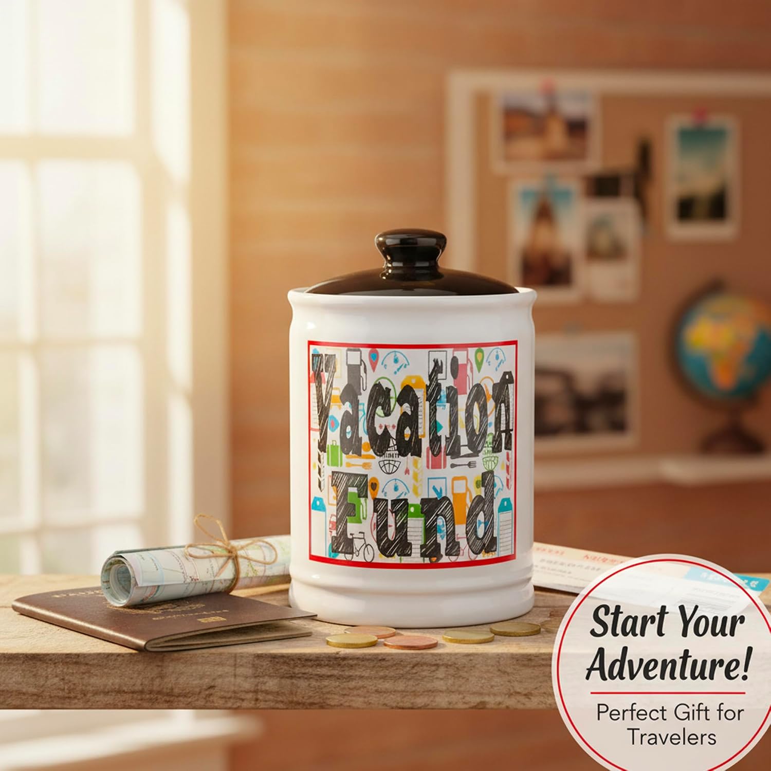 Cottage Creek Jars Vacation Fund Travel Piggy Bank | Ceramic Trip Fund Jar & Travel Money Jar | Home & Bedroom Decor Vacation Essentials Savings Storage Container | Gifts for Women, Men, Couples