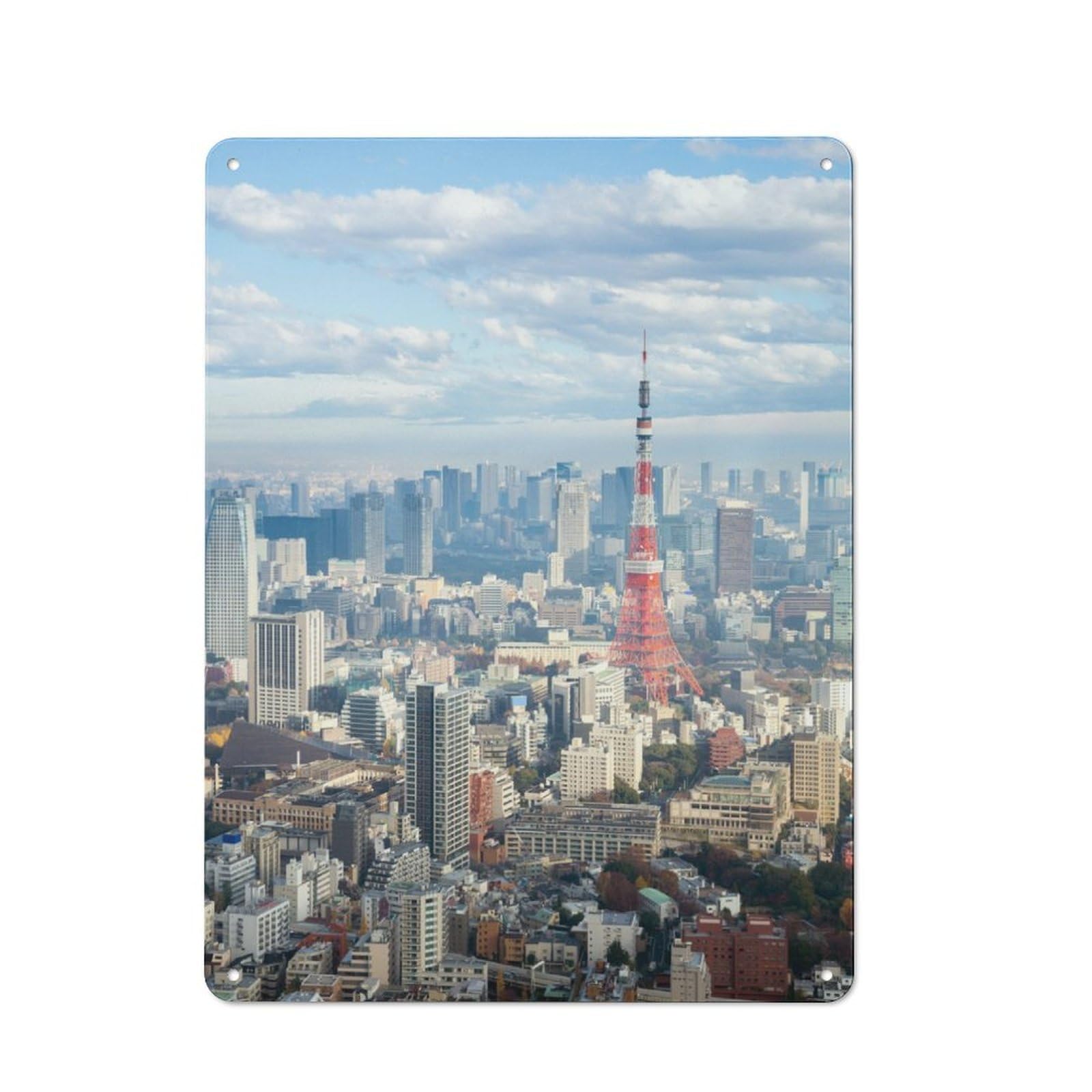 Junmoney Tokyo Skyline With Tokyo Tower Rustic Tin Sign 40X30cm Featuring For Living Room Wall, For Metal Sign Collectors, For Garage And Workshop Walls