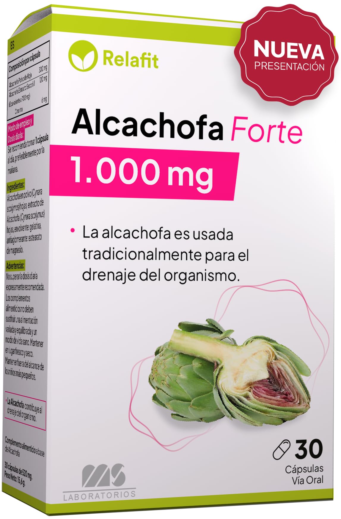 Alcachofa Forte 1.000 mg – 30 Cápsulas | Suministro para 1 mes | Detox para el organismo | Depurativo, digestivo y diurético | Relafit - Laboratorios MS