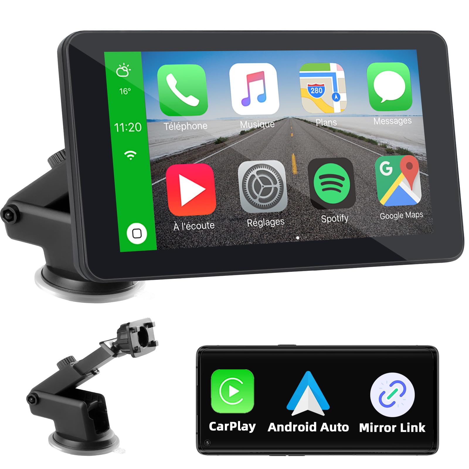 Pantalla Coche Carplay y Android Auto Inalámbrico, 7 Pulgadas Portátil Pantalla Carplay Coche Sin Instalación, Pantalla para Coche con Bluetooth, Navegador GPS, Mirror Link, Control de Voz, FM, AUX
