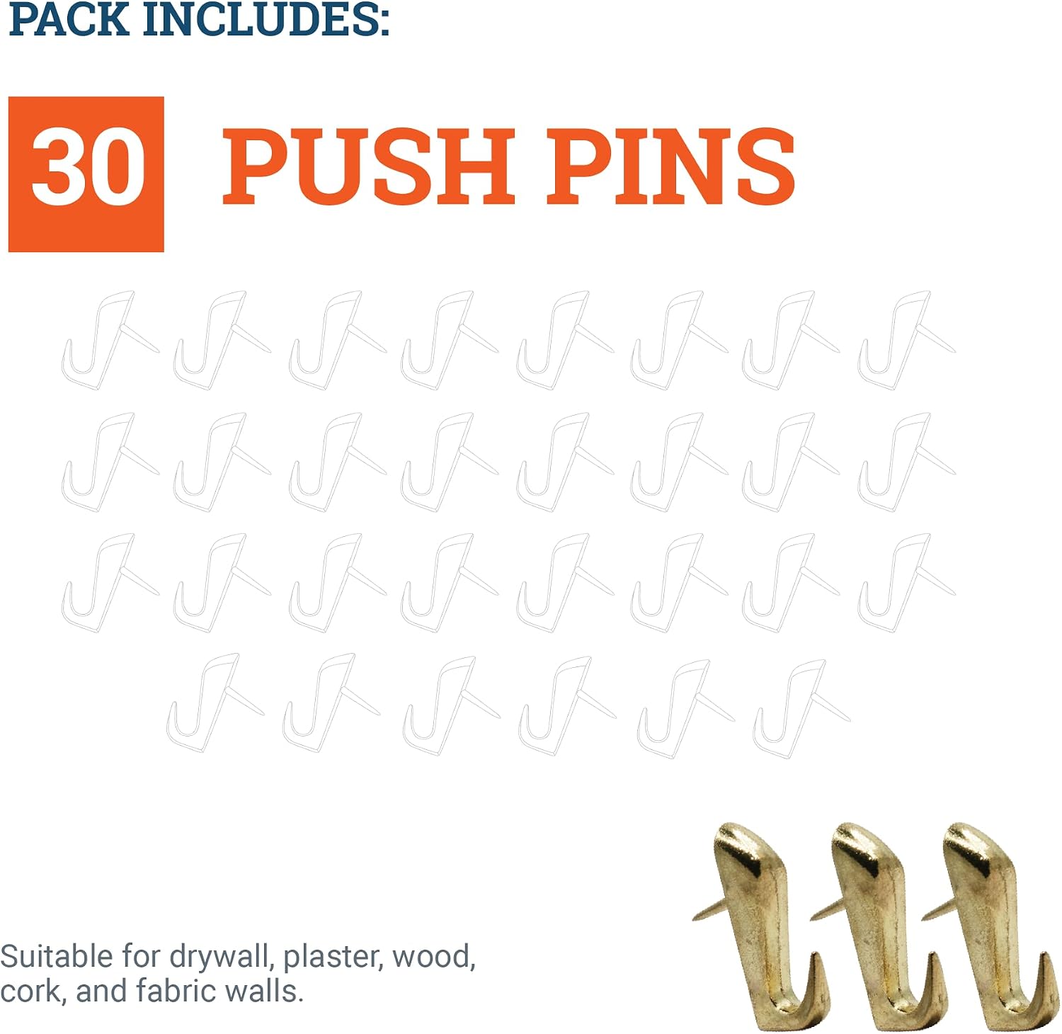 30 Pcs Push Pin Hooks 20 Lbs Capacity Pins for Picture Hanging