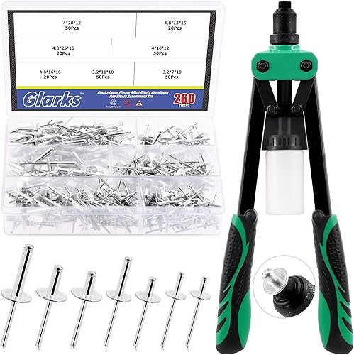 Glarks Juego de 261 pistolas de remache con brida grande, remachadores de mango resistente de 13 pulgadas y 260 remaches ciegos de aluminio de 7