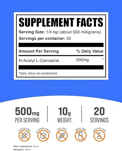 Miniatura 2 de BulkSupplements. com N-acetil L-Carnosina en polvo  Suplemento de carnosina, N-acetil carnosina 500 mg  Sin gluten, 500 mg por porción, 10 g (0.35