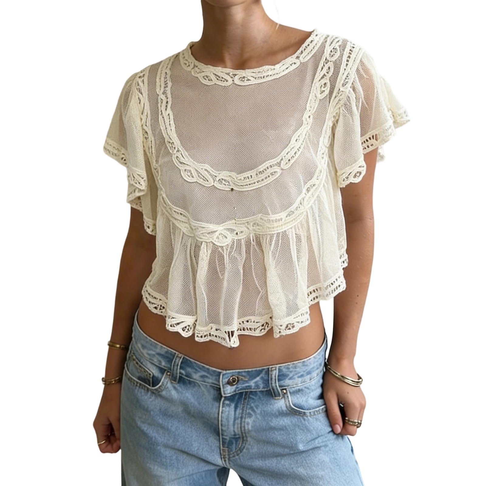 Edhomenn Women's Sheer Mesh Poncho Tops Off Shoulder Guipure Lace Batwing Half Sleeve See-Through Cropped Cover-Up (Ivory, S)
