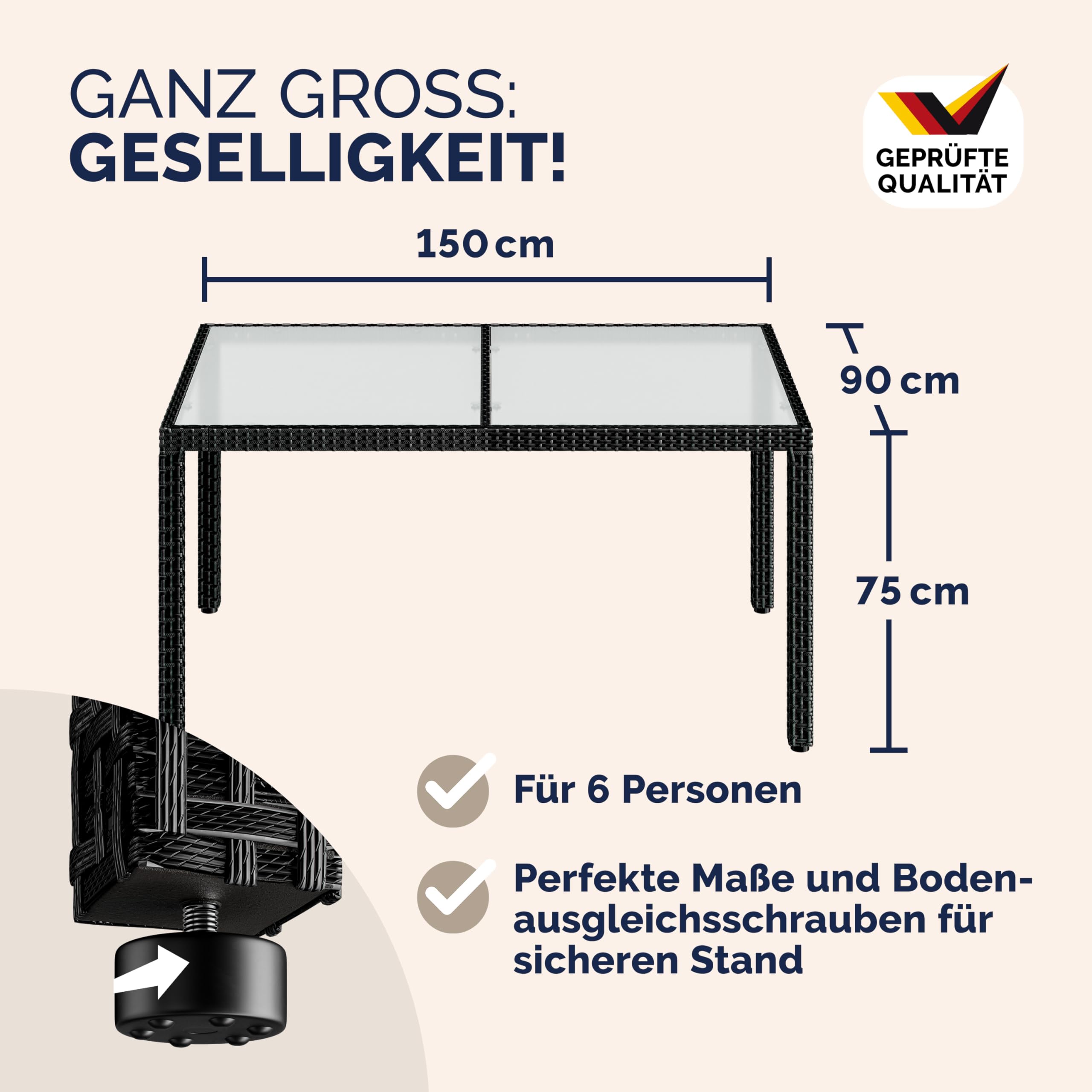 Casaria® Gartentisch Wetterfest 150x90cm Polyrattan Balkontisch Höhenverstellbar 5mm Sicherheitsglas Garten Terrasse Tisch Gartenmöbel Outdoor Schwarz