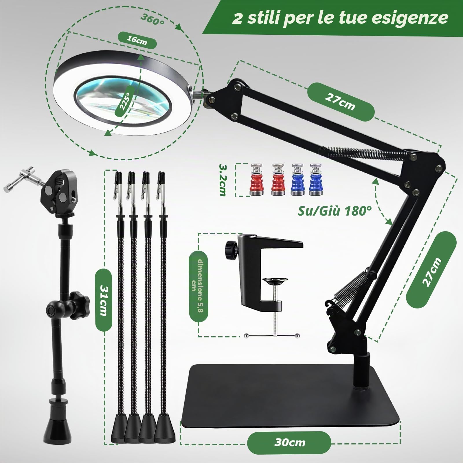 Saldatura terza mano, supporto magnetico per saldatura, mano con 10 x lente d'ingrandimento, stazione di saldatura con 4 colonne PCB, 4 bracci flessibili e 1 braccio di supporto meccanico, aiuto per