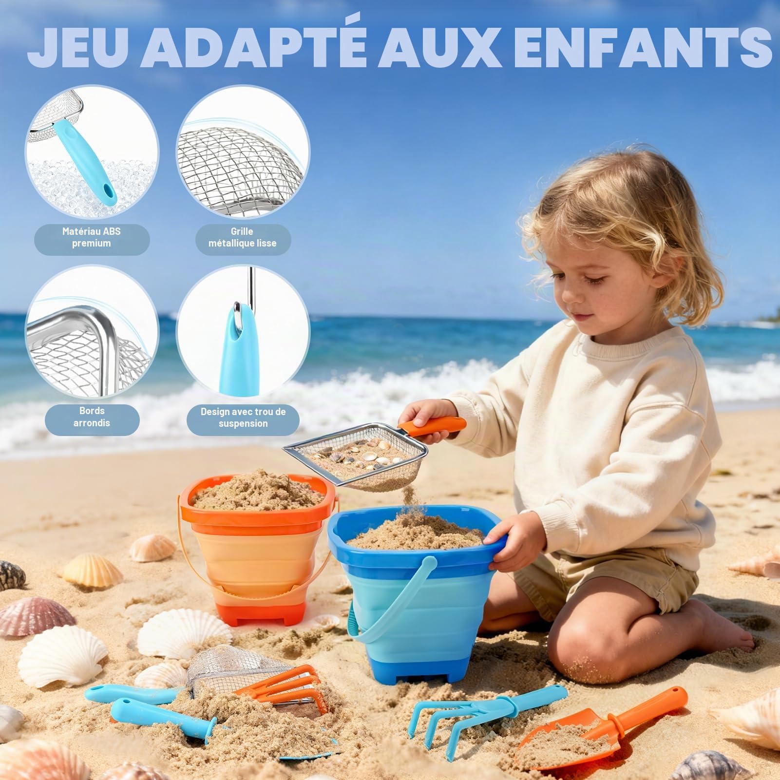 Dreamon Jouets de Plage pour Enfants 3 4 5 Ans Garçons Filles Jouet de Plage Comprend Un Seau Pliable Sac en Filet Tamis à Sable Pelle Râteau pour Les Jeux D'extérieur
