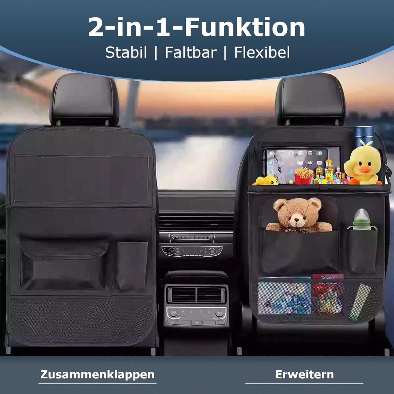 Confezione da 2 organizer per sedile auto con tavolo da pranzo pieghevole e rete centrale per riporre oggetti, organizer multi-tasca per sedile posteriore per giocattoli, snack, oggetti