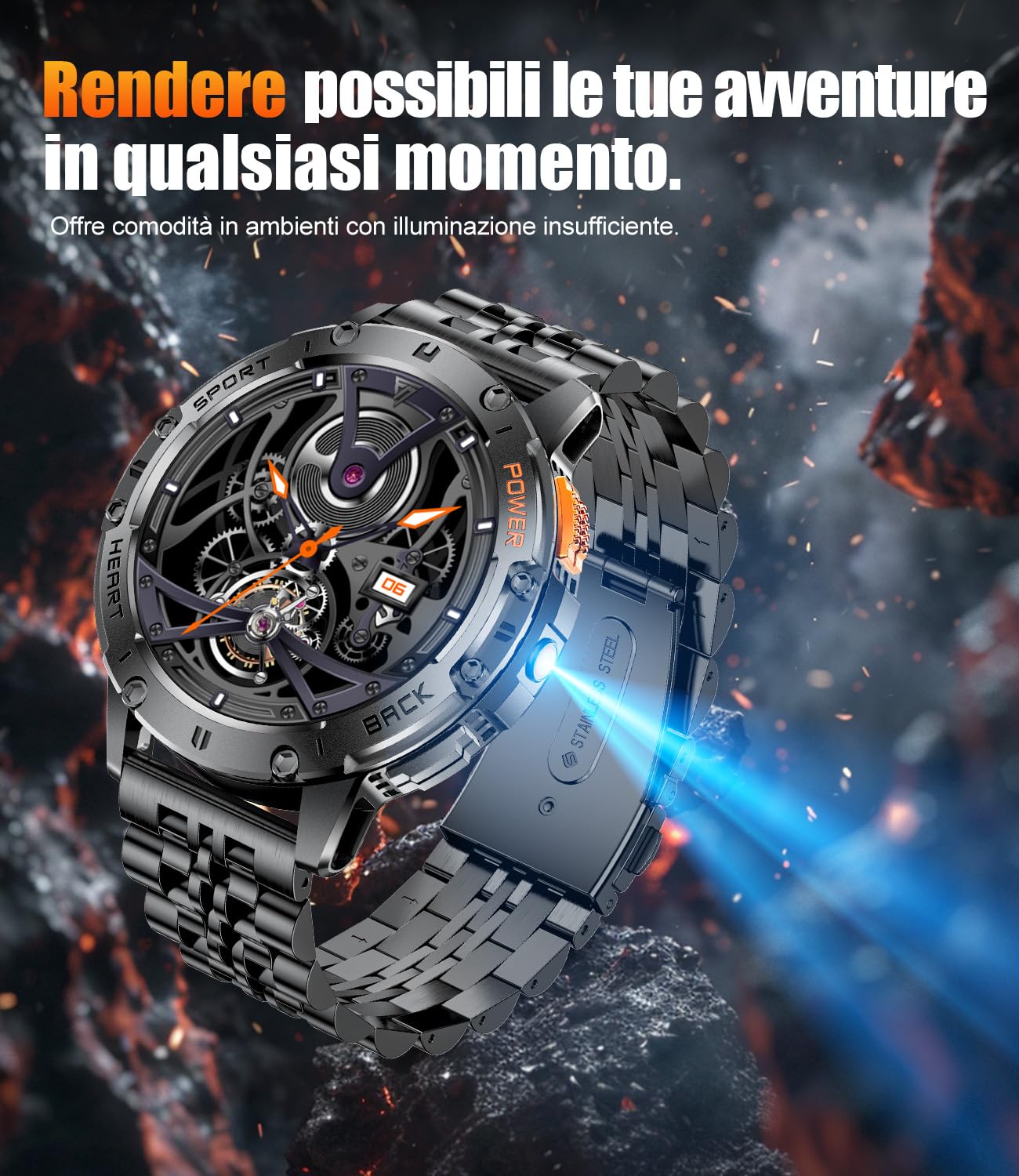 ESFOE Smartwatch Uomo con Torcia LED,1,43'' AMOLED Orologio Smartwatch Uomo con Impermeabile 5ATM,530 mAh Fitness Tracker Contapassi 120+ Modalità Sport Smartwatch Militare Uomo per Android iOS