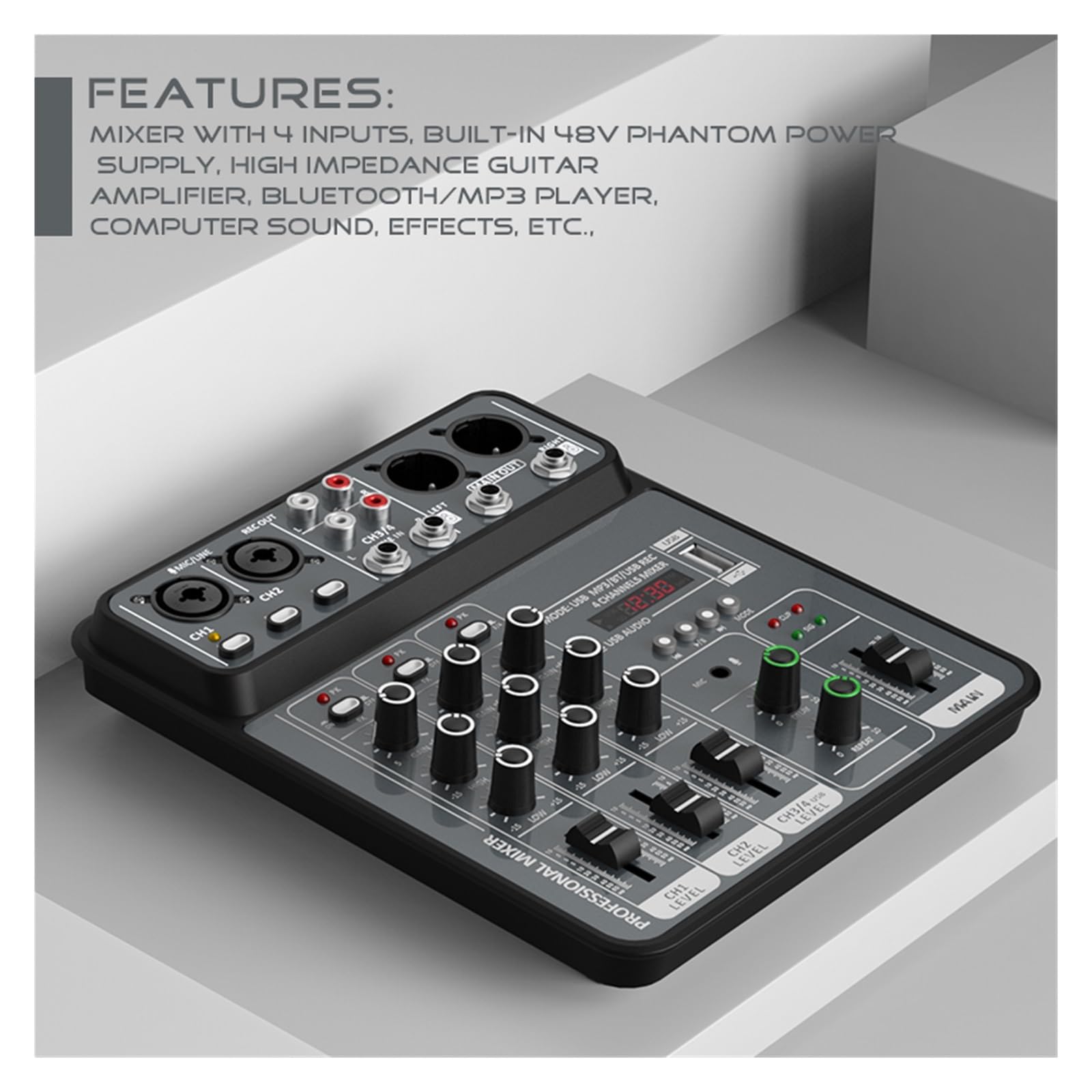 Mikser DJ-ski, Mikser 4-kanałowy DJ Mixing Console z Bluetooth 48V Phantom Power Monitor System USB Mixer