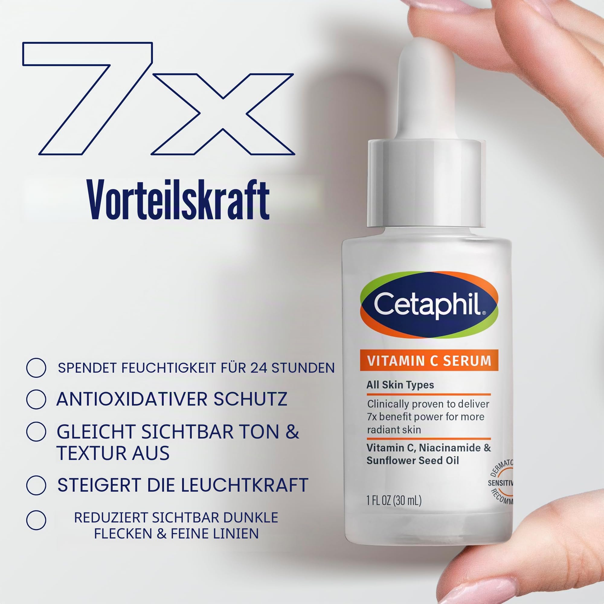 Cetaphil Vitamin C-Serum, reduziert sichtbar das Erscheinungsbild von dunklen Flecken und Hyperpigmentierung, Formel mit Niacinamid, entwickelt für empfindliche Haut, ohne weißen Fr 30 ml Flüssigkeit