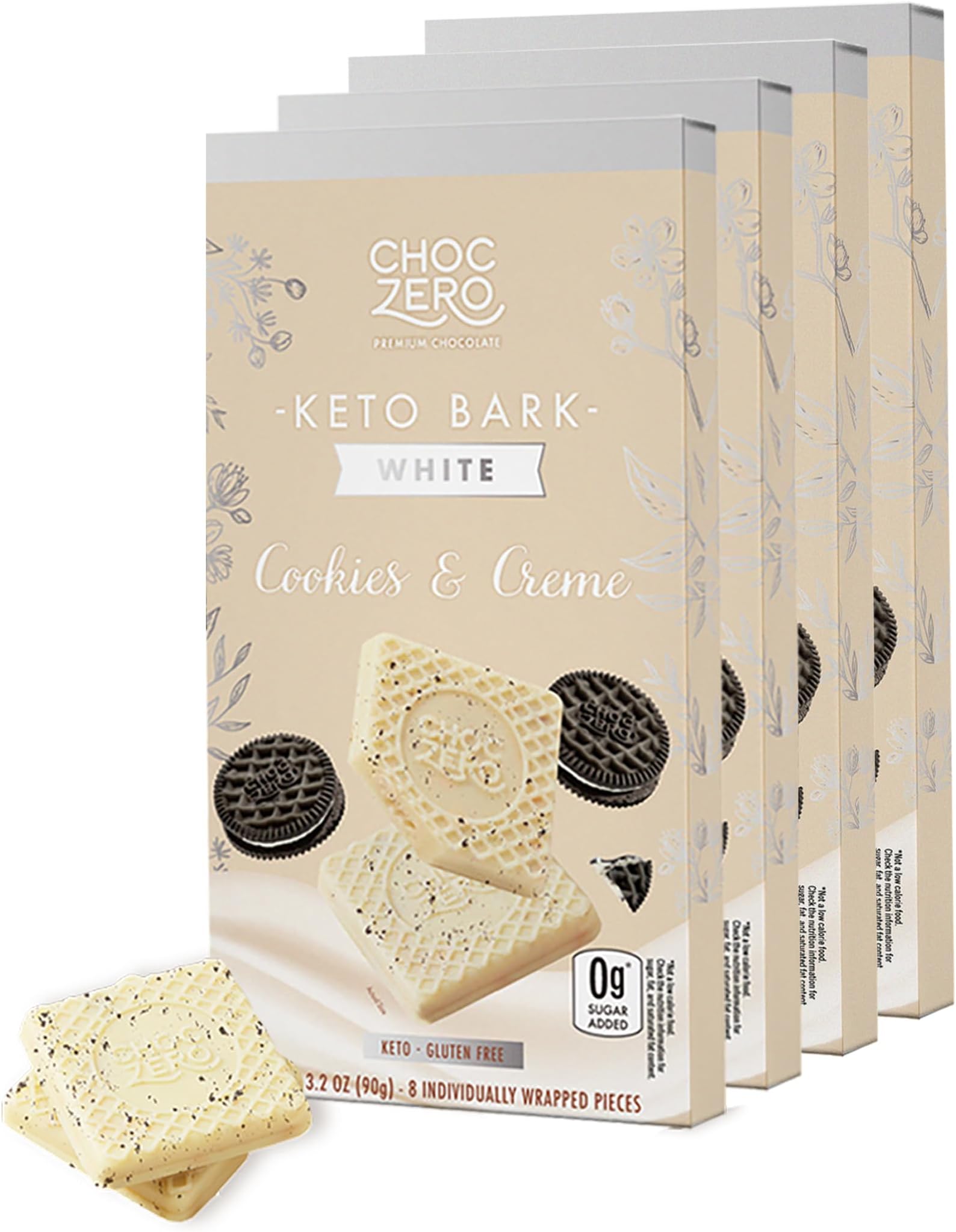 Cookies & Cream Keto Bark – White Chocolate Candy with Cookie Pieces, Low Carb, No Added Sugar, Gluten Free, 3.2oz Bars (Pack of 4)