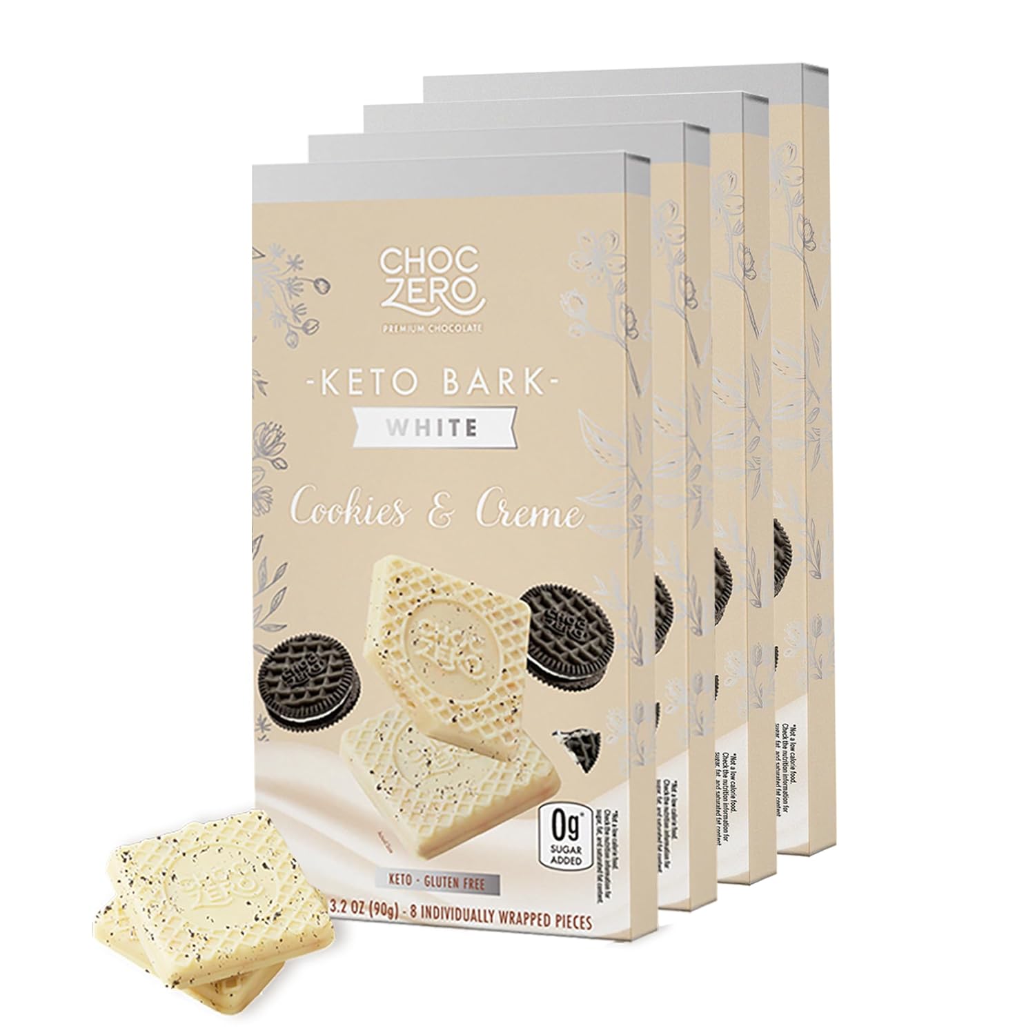 ChocZero Cookies & Cream Keto Bark – White Chocolate Candy with Cookie Pieces, Low Carb, No Added Sugar, Gluten Free, 3.2oz Bars (Pack of 4)