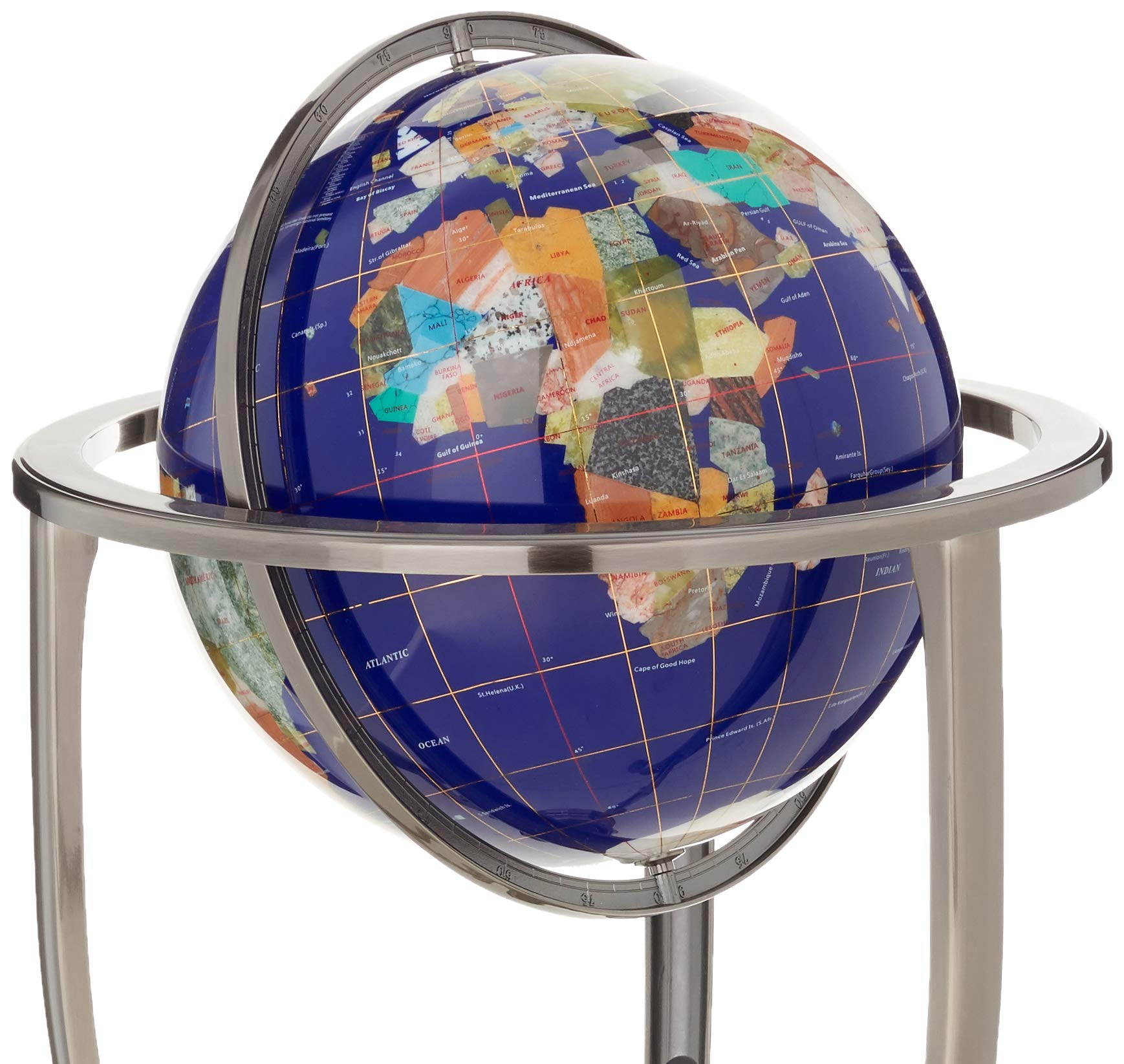 Unique Art 36-Inch by 13-Inch Floor Standing Blue Lapis Gemstone World Globe with Silver Tripod