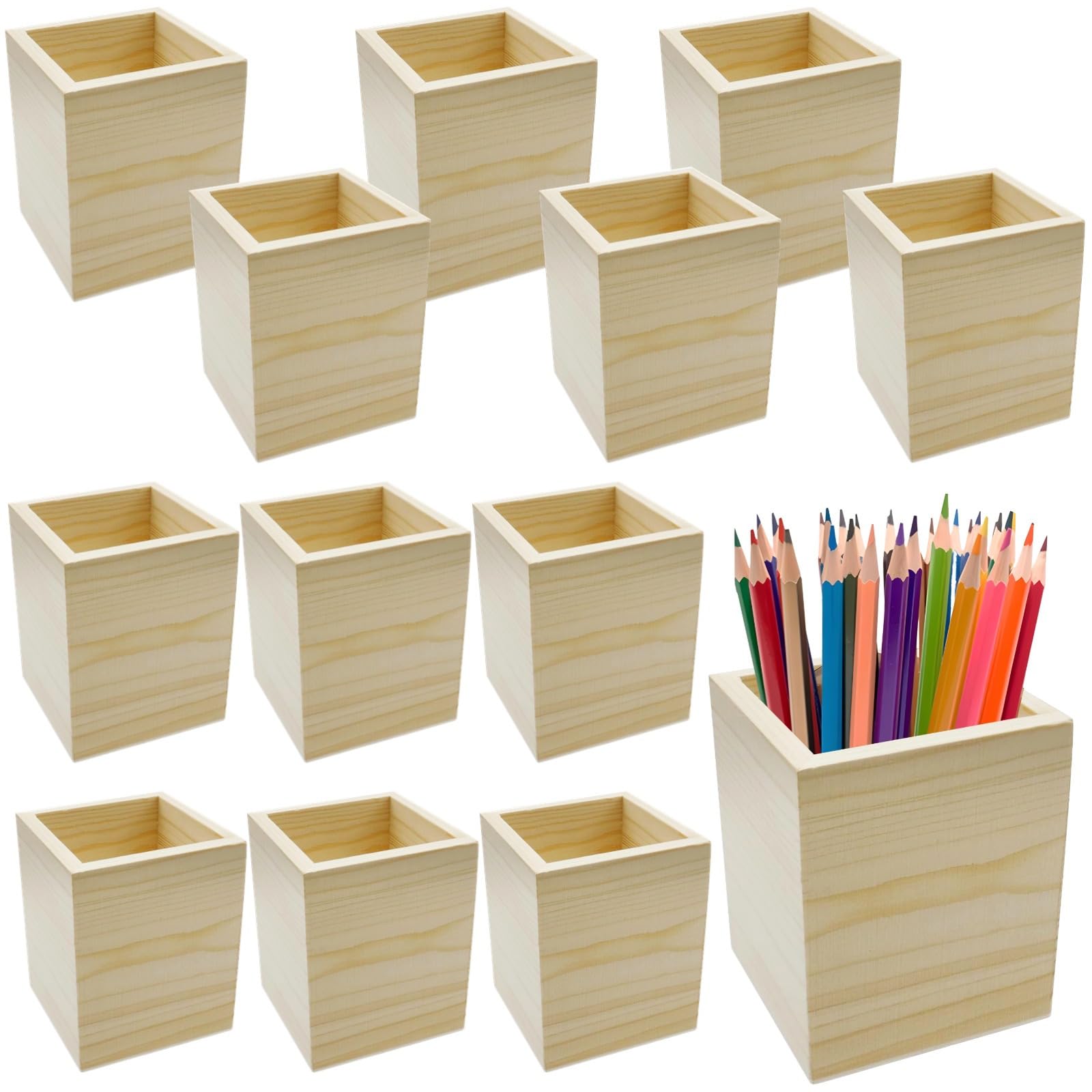 12 uchwytów na długopisy z naturalnego drewna sosnowego do majsterkowania, kwadratowy drewniany organizer na biurko, niedokończone pojemniki rzemieślnicze do biura, 9 x 8 x 8 cm