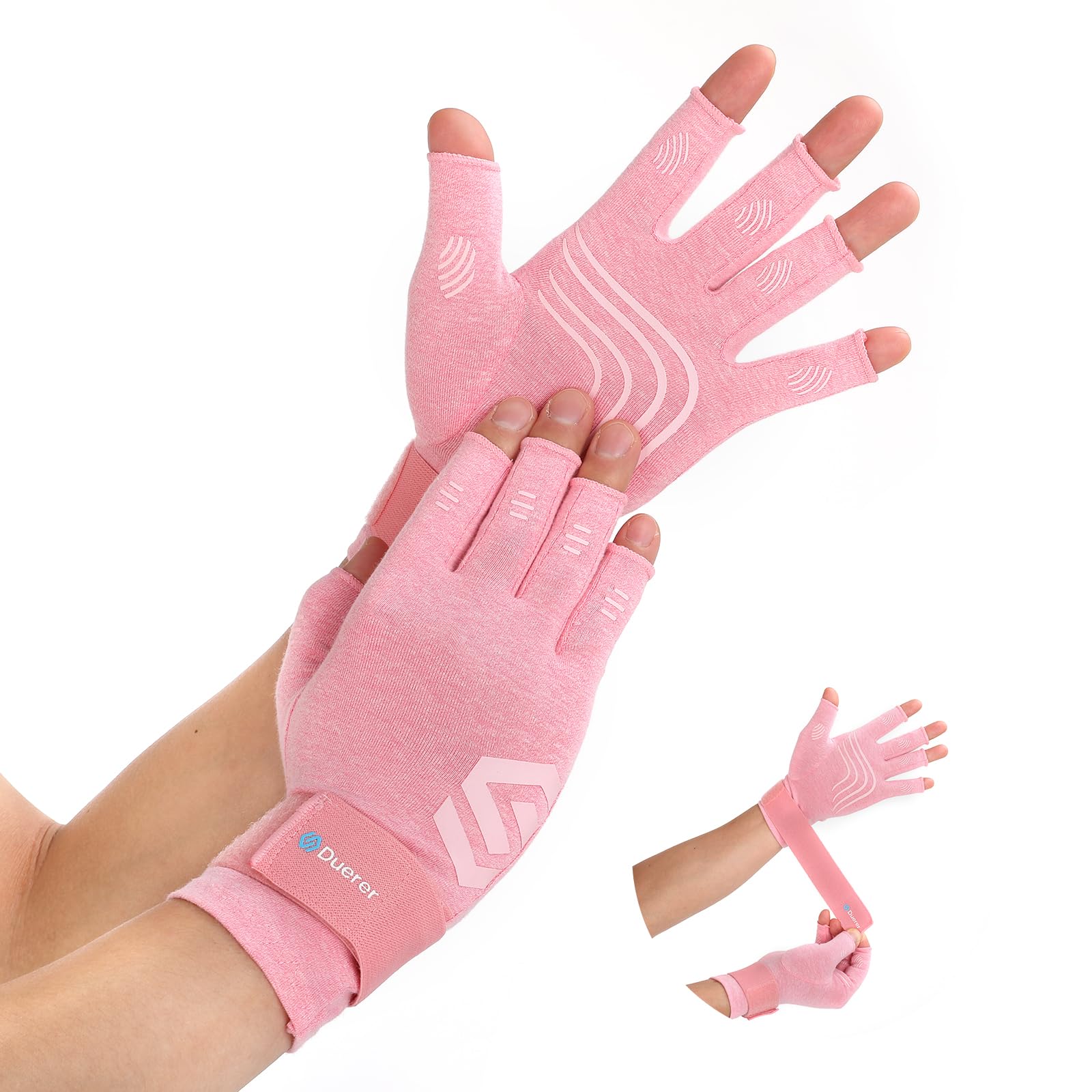 Duerer Arthritis-Kompressionshandschuhe mit Riemen, Damen Herren für RSI, Karpaltunnel, Rheuma, Sehnenscheidenentzündung, Handschmerzen, Handstütze. Fingerlose Handschuhe für Computer (Rosa, M) Fashion