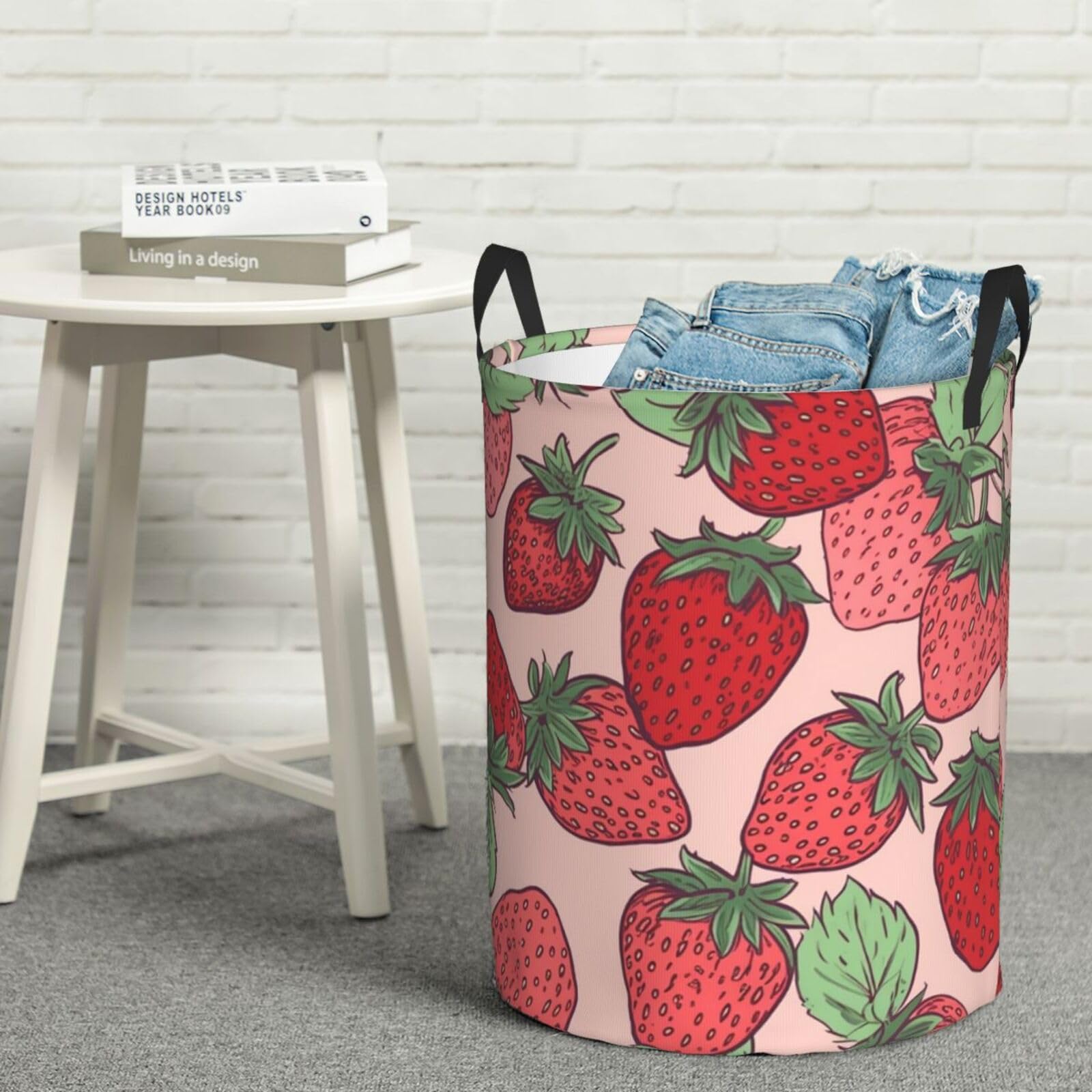 Fodpand Black Strawberry Pattern Laundry Basket With Handle, Freestanding Laundry Hamper, Collapsible Dirty Clothes Hamper, Waterproof Fabric Blanket Storage Basket Tall Toy Storage Bin Room Decor Small