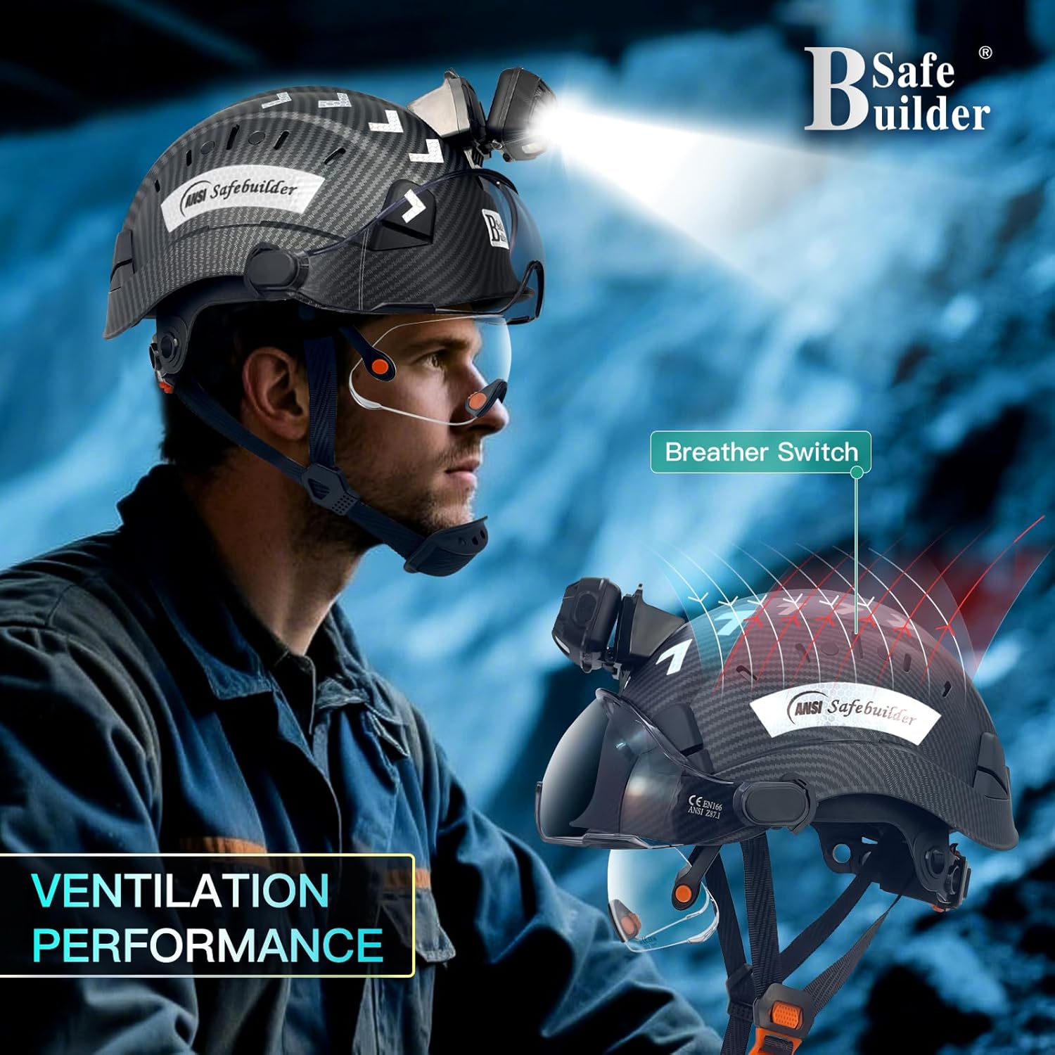 SAFEBUILDER Safety Hard Hats with Visor and Build in Headlight Lightweight Vented Safety Helmet Headlamp for Construction Industrial Outdoor Work ANSI Z89.1 Approved
