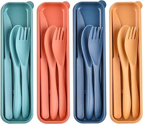 Lnrkai Juego de utensilios reutilizables con estuche, 4 juegos de cucharas de plástico portátiles grandes, tenedor, cuchillo, utensilios de