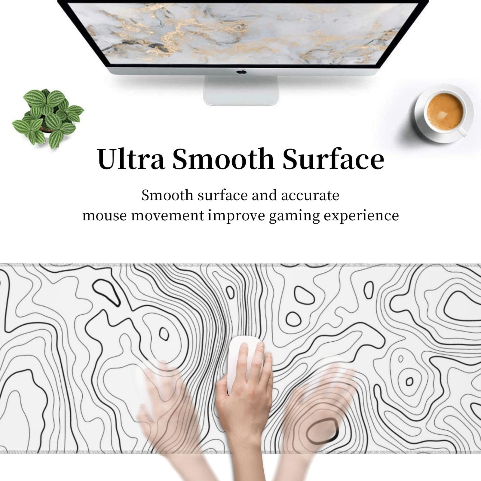 Alfombrilla de mouse grande con mapa topográfico blanco, alfombrilla de mouse para teclado grande extendida, alfombrilla de mouse larga para juegos de computadora para el hogar, oficina, escritorio de