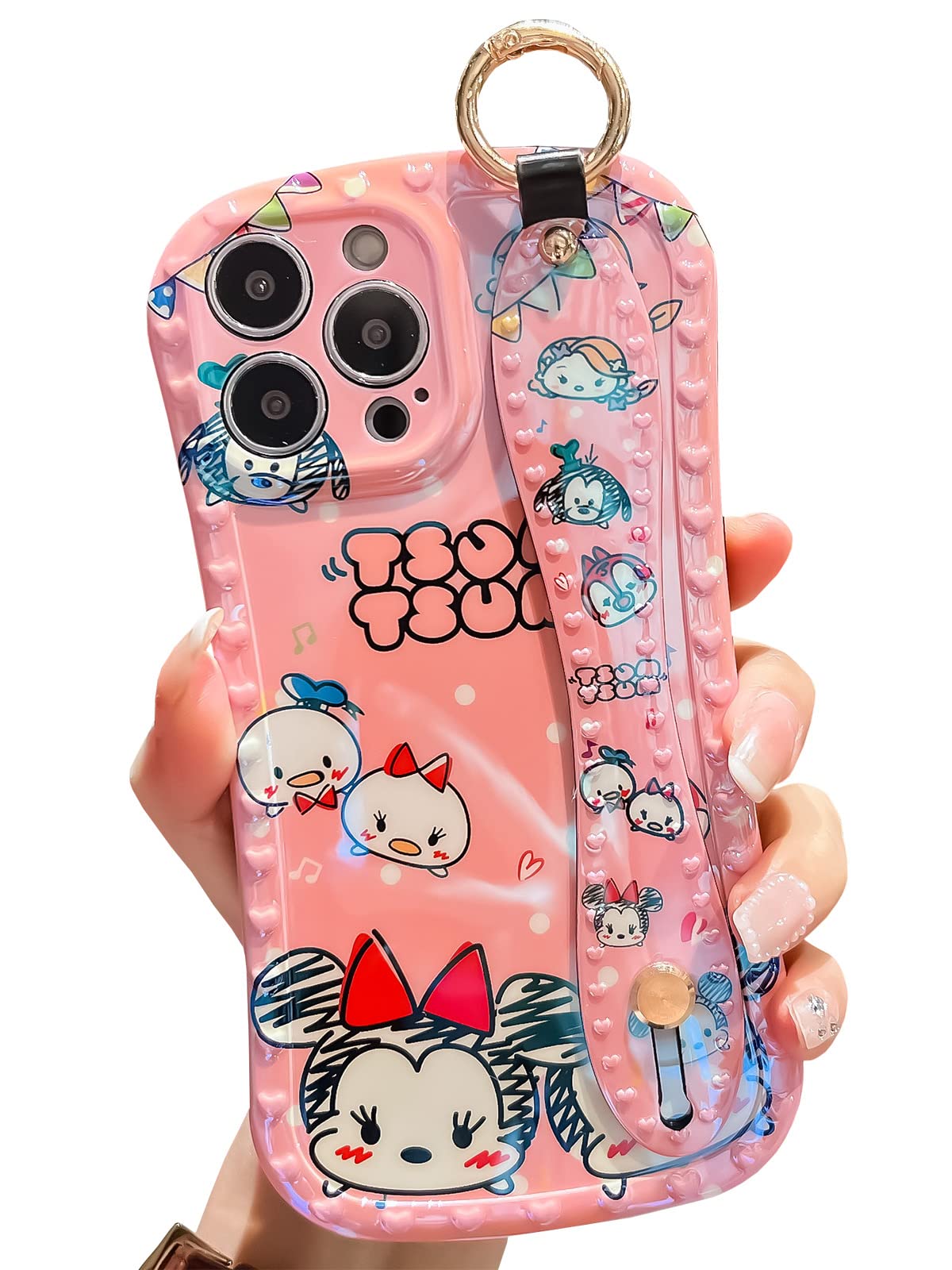 TRODINO Cute Girly Cartoon iPhone 12 Pro Max Case, Mickey & Minnie Heart Graffiti Design for for Women & Girls, Laser Glitter Cover with Strap Stand Kickstand Ring Soft TPU Phone Case 6.7” (Pink)