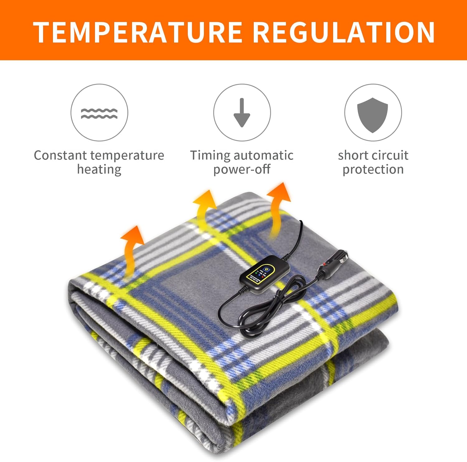 Amazingforless 12V Heated Fleece Car Blanket with Controller for Timer & Heat Levels Electric Car Blanket (Yellow Plaid)