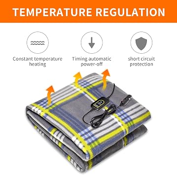 12V Electric Heated Blanket for Cars Plaid Fleece with Timer & Heat Control, Faux Sherpa Lining (Yellow Plaid)