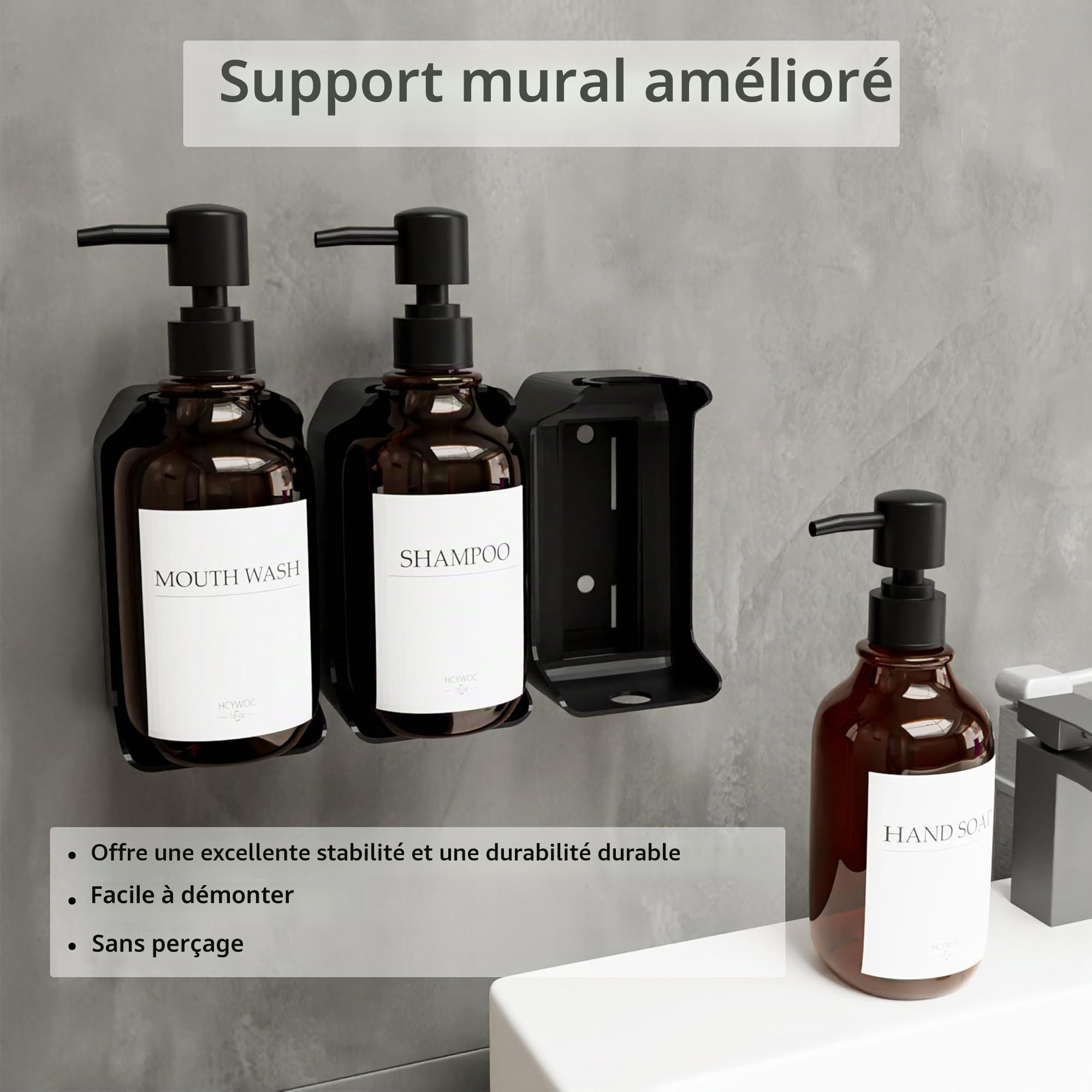 Distributeur Savon Mural sans Percage, Lot de 3, 500 ML Savon avec 16 Étiquettes Imperméables, Cuisine et Salle de Bain, Ambre