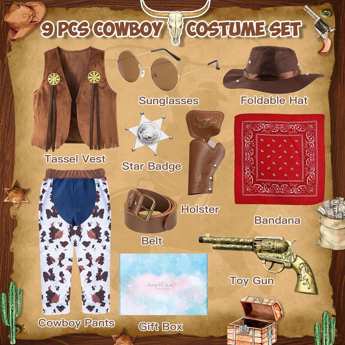 Costume Cowboy Bambino, Western Vestito da Cowboy Bambini con Gilet, Pantaloni, Cappello, Bandana Accessori, Costume da Cowboy Bambino per Halloween Carnevale Dress Up Festa Cosplay, 3-10 Anni
