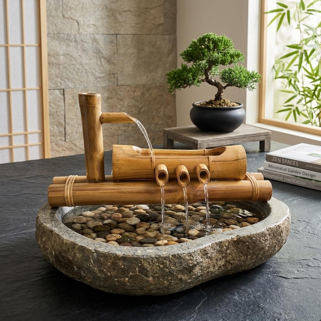 Handcrafted Bamboo Water Fountain for Home Decor | Indoor Tabletop Zen Waterfall with 3 Water Streams | Natural Bamboo Fountain with Pump | Meditation, Office, Living Room & Gift-image-29