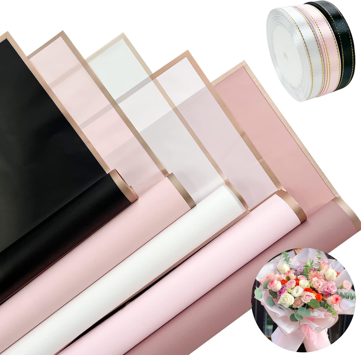 CIEOVO 50 Sheets Floral Flower Wrapping Paper Pink Black White Floral Bouquet Paper Waterproof Florist Packaging Paper and Satin Ribbon for Mother Father's Day Wedding Birthday Flower Shop DIY Craft
