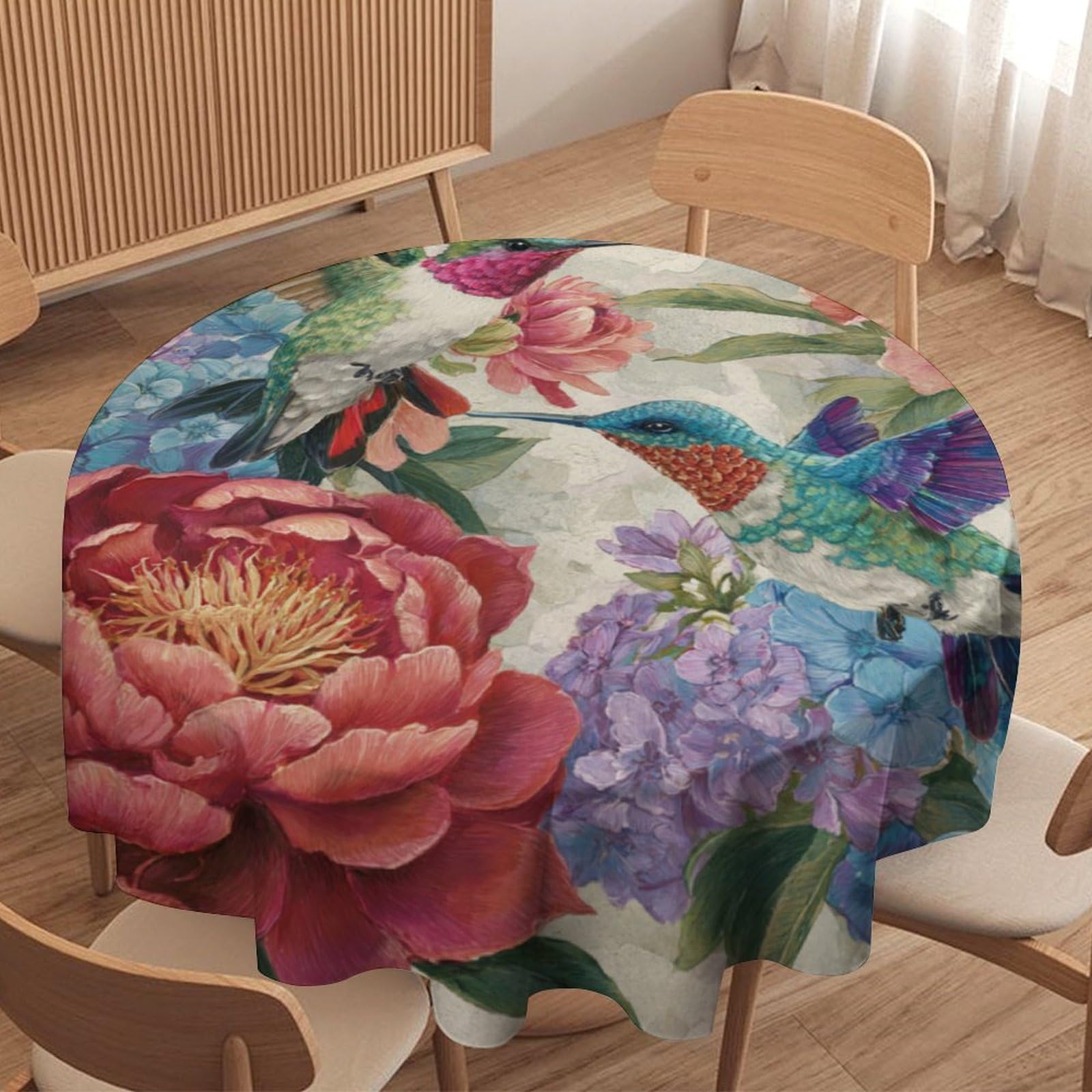 LUYYSKY Beautiful Classic Hummingbirds Waterproof Round Tablecloth Modern Spring Garden Botanical Flowers Birds Hummingbirds Washable Table Cover for Kitchen-127 Wx127 L cm