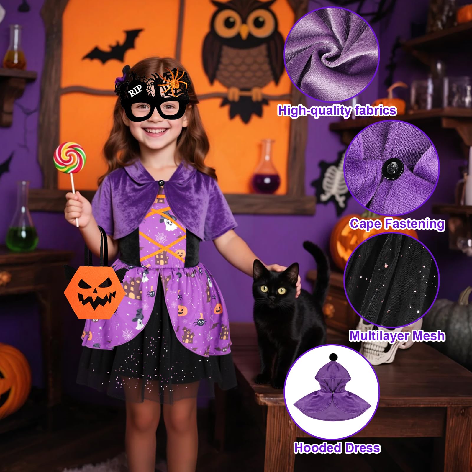 TAGVO Costume da Strega Halloween per Bambina, Ragazze Principessa Vestito Strega Viola Poncho Cappuccio Capo Paillettes Tulle Abiti serbatoio per bambini Halloween fantasia vestire per 1-6 anni