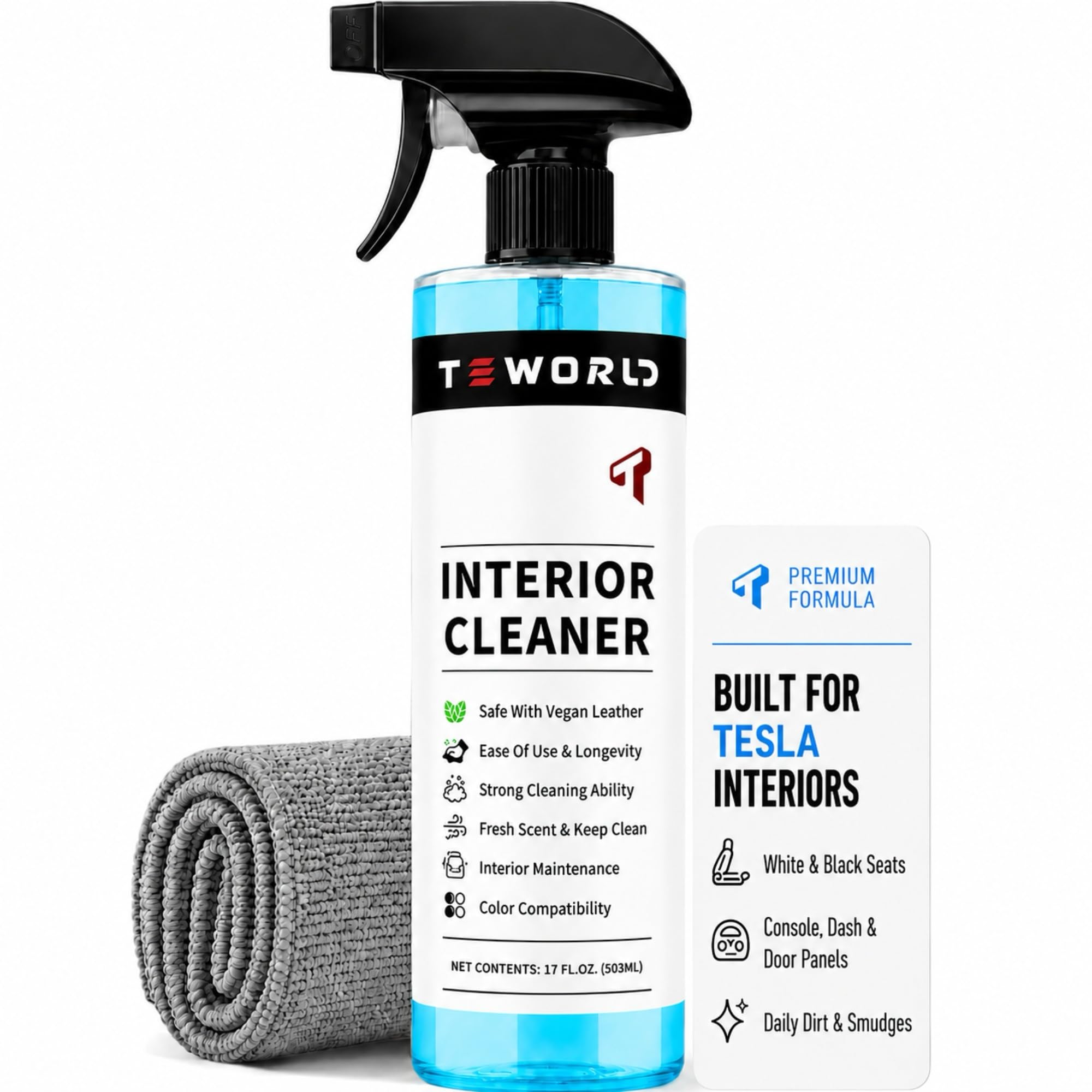 Tesla - Limpiador de asientos biodegradable, seguro en cuero vegano blanco y negro, productos de limpieza interior Tesla para asientos, consola, salpicadero, accesorios Tesla Model 3/Y/S/X para 2025