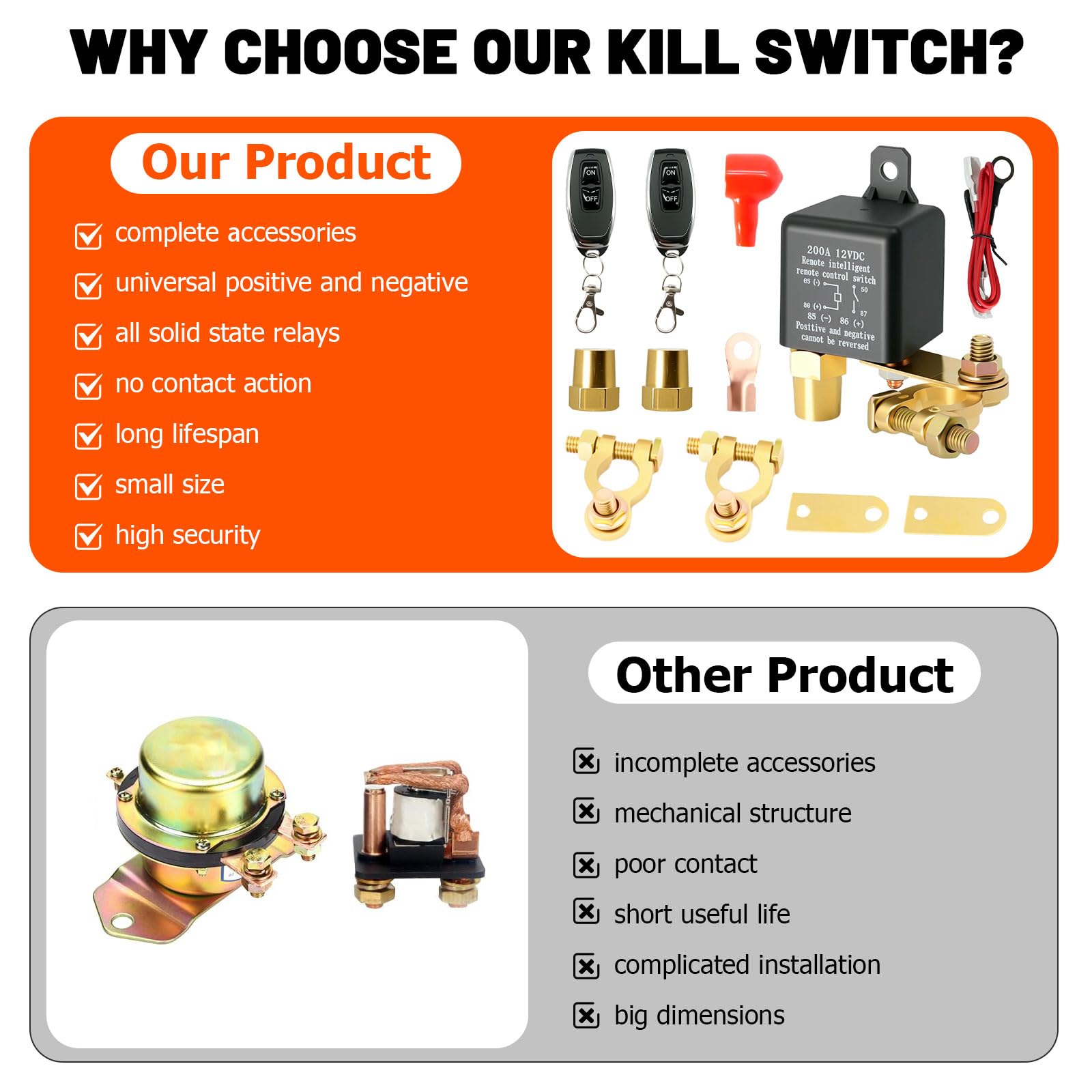 Interruttore di batteria da 12 V con telecomando, interruttore di batteria 12 V 200 A con 2 pali in ottone, 2 terminali di batteria, 2 telecomandi per moto, auto, roulotte abitacola, barca, yacht