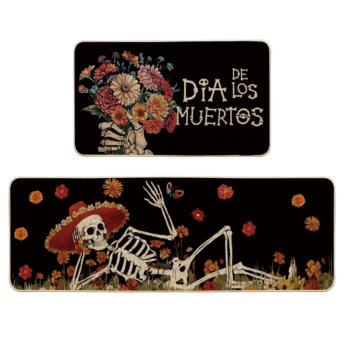 Artoid Mode Sombrero Hats Skull Day of The Dead Kitchen Mats Set of 2, Halloween Dia De Los Muertos Mexican Home Decor Low-Profile Kitchen Rugs - 17x29 and 17x47 Inch