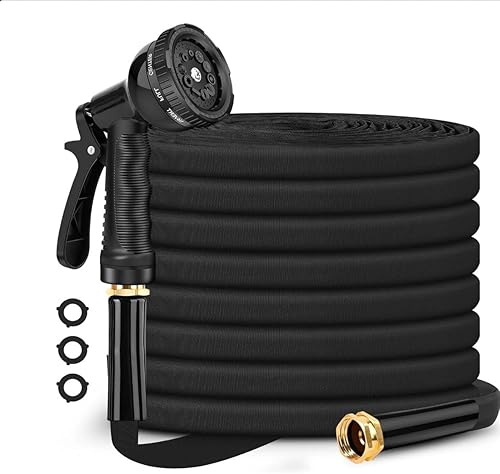 Miniatura 1 de Manguera de jardín de 50 pies, no expandible, ligera y flexible, manguera de agua negra con boquilla rociadora de 8 funciones, accesorios de latón a