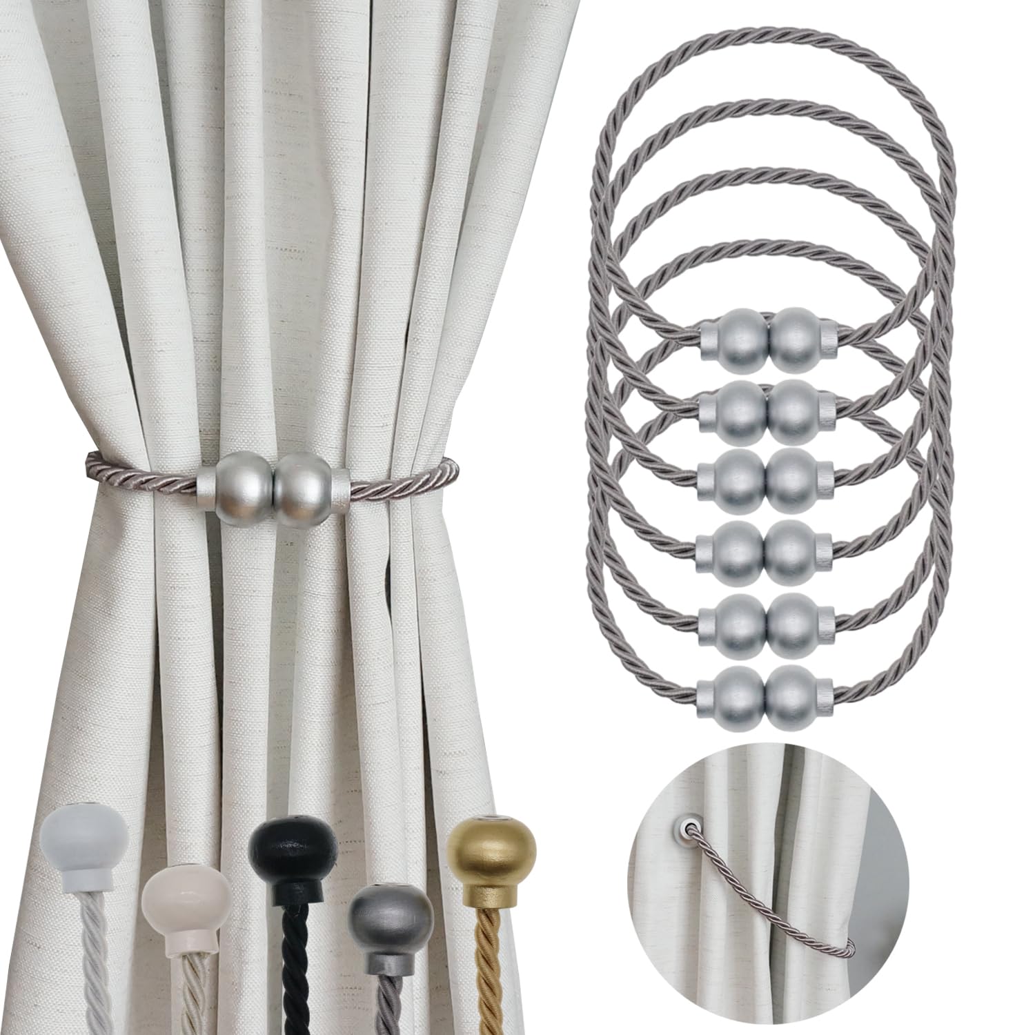 6 Pack Magnetic Curtain Tiebacks Modern Handmade Rope Curtain Tie Backs Decorative Drapes Weave Holdbacks for Home Outdoor Bedroom Office Decorative Curtain, Grey