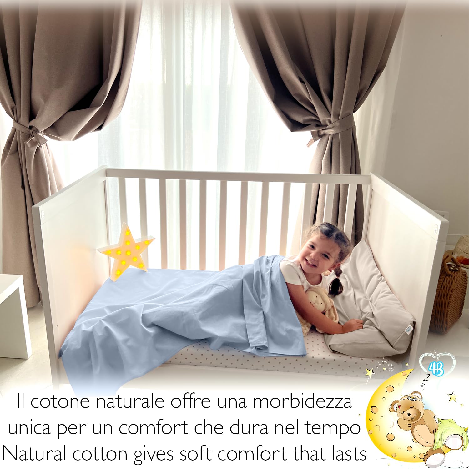 4BABIES - Drap Plat bébé 120x180 - Drap lit bébé à barreaux - Linge de lit Enfant en 100% Coton Fabriqué en Italie certifié Oeko-TEX - Bleu Clair