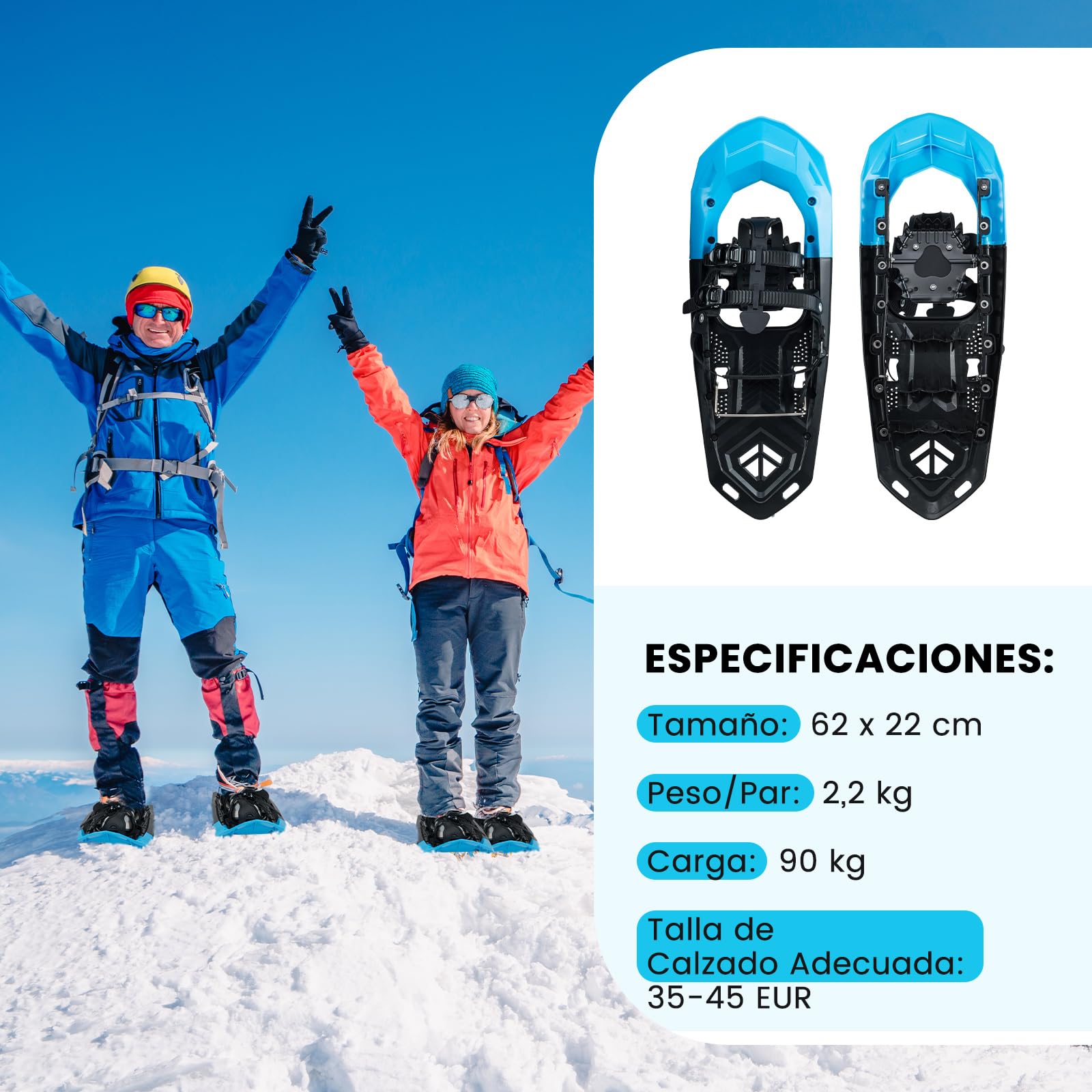 COSTWAY Juego de Raquetas Nieve Ligero de Alumnio de 62 cm y Bastones de Trekking para Unisex Adulto y Niño, Carga de 90 kg, con Cierres de Trinquete Ajustables, Puntera, Barra Pivote Flexible, Azul